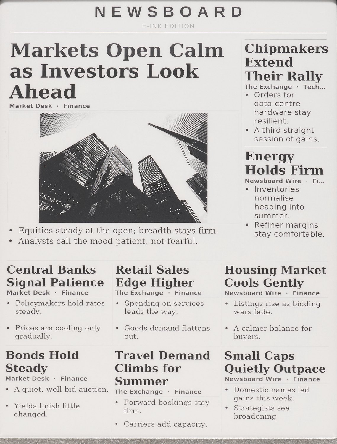 A composed Newsboard edition: the NEWSBOARD masthead, a lead story with a photo and two summary bullets, a sidebar of two stories, and a six-story grid, each headline carrying two bullets.