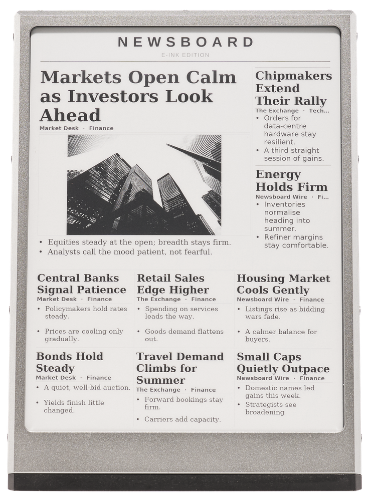 The Newsboard: a natural-silver machined-aluminium e-ink panel on its integrated wedge stand, showing a full newspaper front page in warm ink.