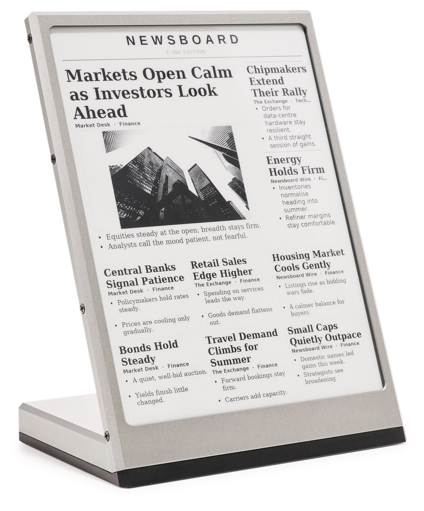 The Newsboard standing on its base, holding the day&rsquo;s front page the way a photo frame holds a picture.
