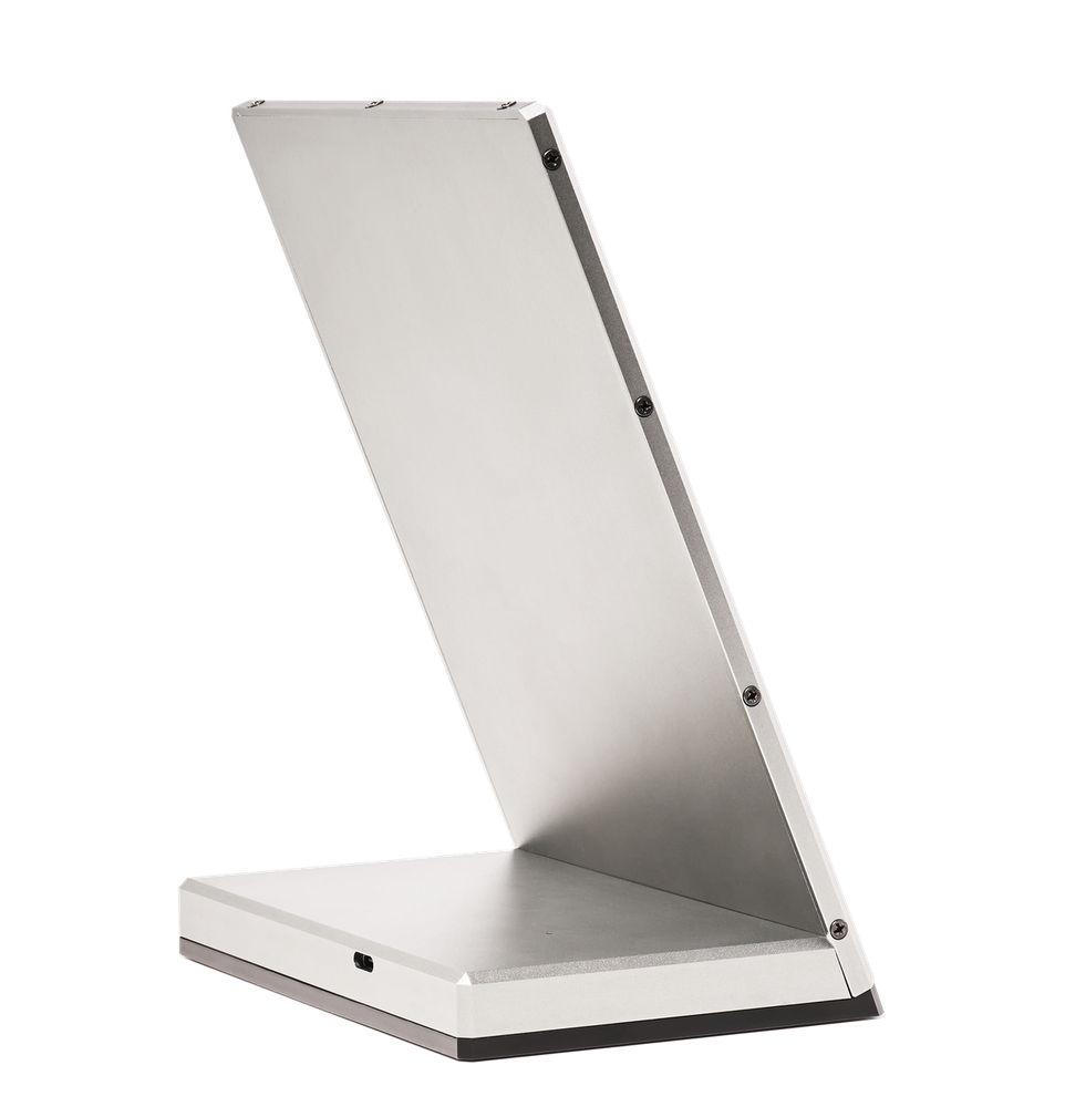 Newsboard from the rear three-quarter, the brushed aluminium body and chamfered edge.